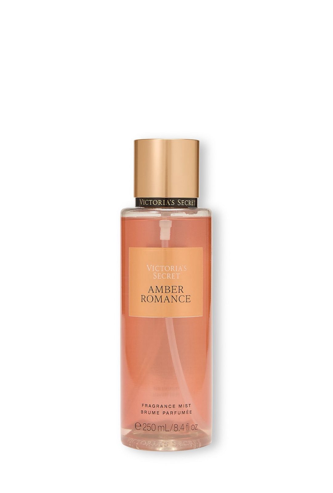 Victoria's Secret Amber Romance fragrance mist bottle on a white background