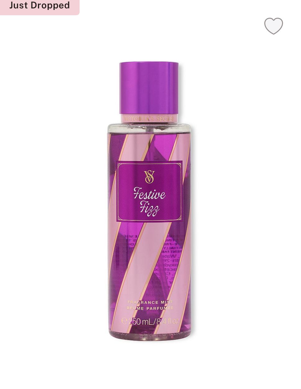 Purple and pink bottle of 'Festive Fix' perfume on a white background