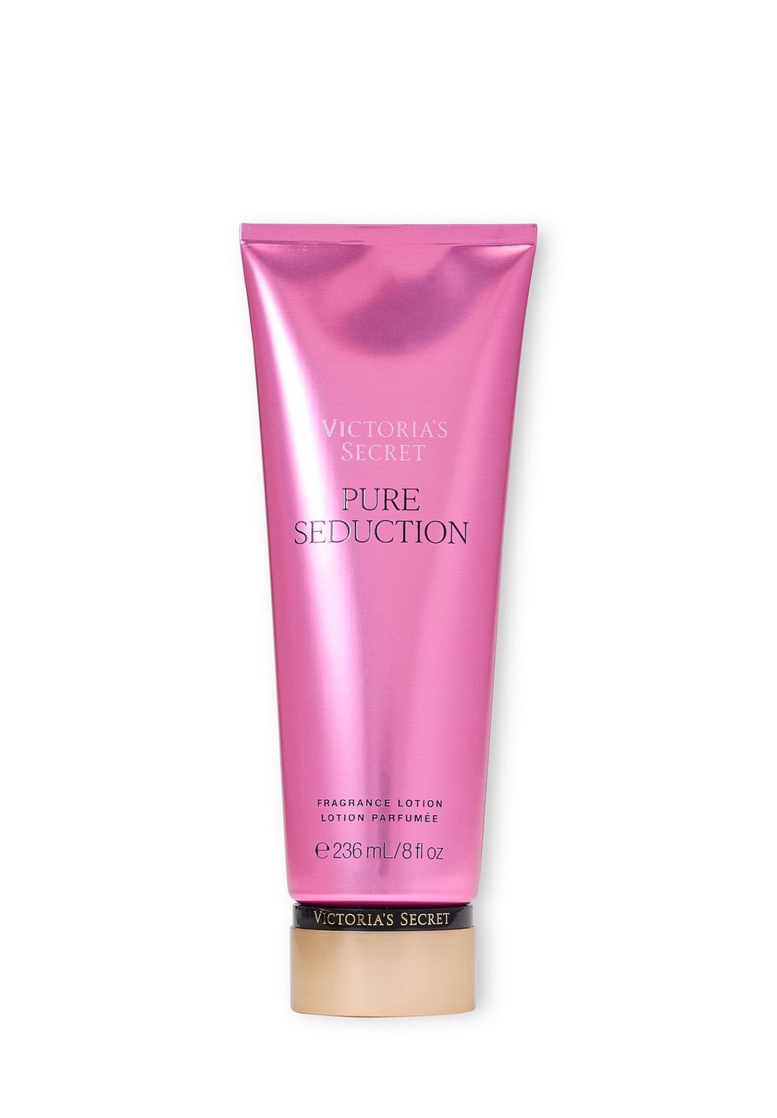 Pink Victoria's Secret Pure Seduction fragrance lotion on a white background